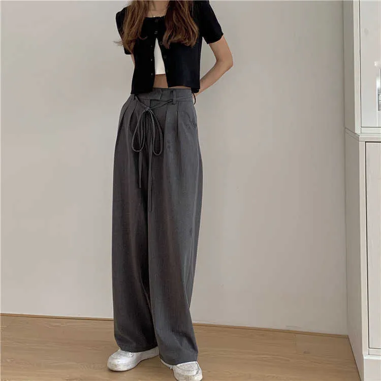 Pantalon taille haute en vrac avec cordon de serrage gris pour femmes Mujer Pantalones Streetwear Casual Straight Black Wide Leg Pants Costumes 210610