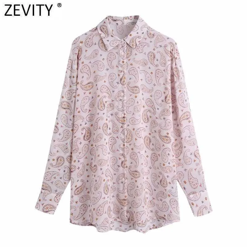 Zevity Women Vintage Nakrętki Nuts Drukuj Przezroczyste Szyfonowa Koszula Femme Z Długim Rękawem Casual Bluzka Roupas Chic Chemise Topy LS9194 210603