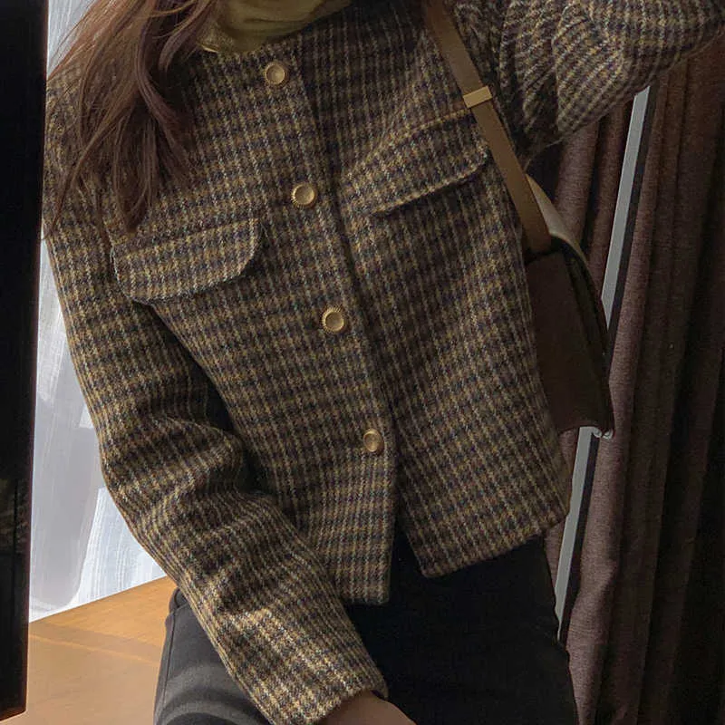 Kimotimo xadrez casacos jaqueta jaqueta mulheres francês vintage o-pescoço três botões soltos jaquetas outono moda Cardigan 211014