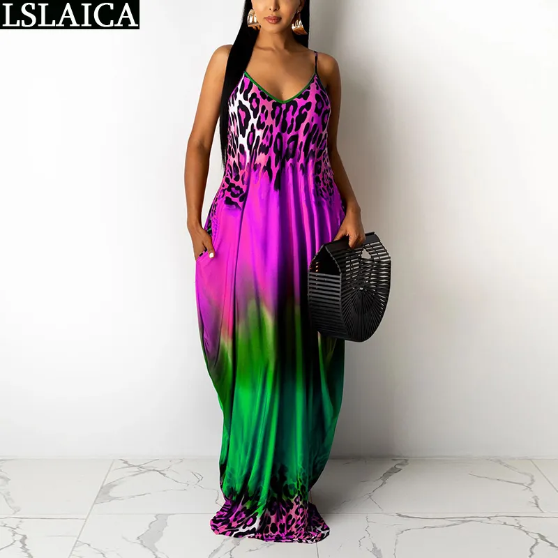 Drop Sundresses Donna senza maniche Tie Dye Stampa leopardata Abiti lunghi sexy Plus Size Fashion Sling Dress Summer 210515