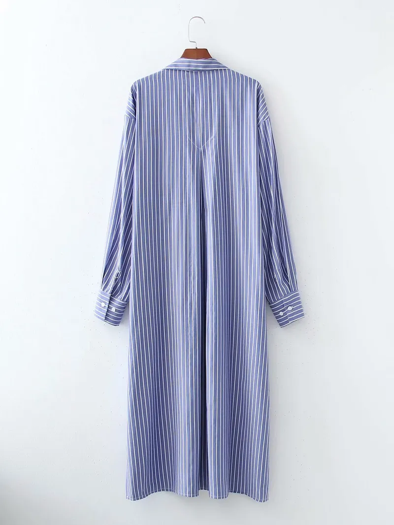 Vintage rayé Maxi robe femme à manches longues côté droit fendu lâche robe surdimensionnée femme 210421