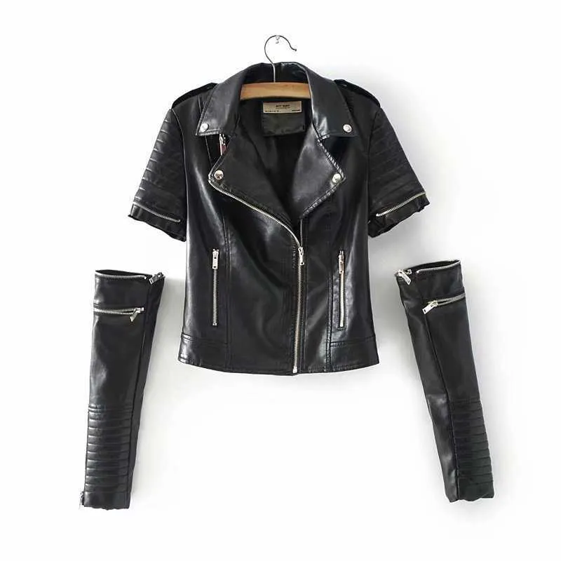 Ly Varey Lin Kvinnor Faux Soft Leather Sleeve Avtagbar Jacka Coats PU Motorcykel Rivet Zipper Black Punk Street OuterWear 210526