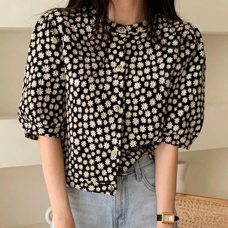 Korejpaa Dames Blouses Korea Chic Afneembare Pop Collar Contrast Lace-Up Single-Breasted Daisy Bubble Sleeve Shirt Vrouw 210526