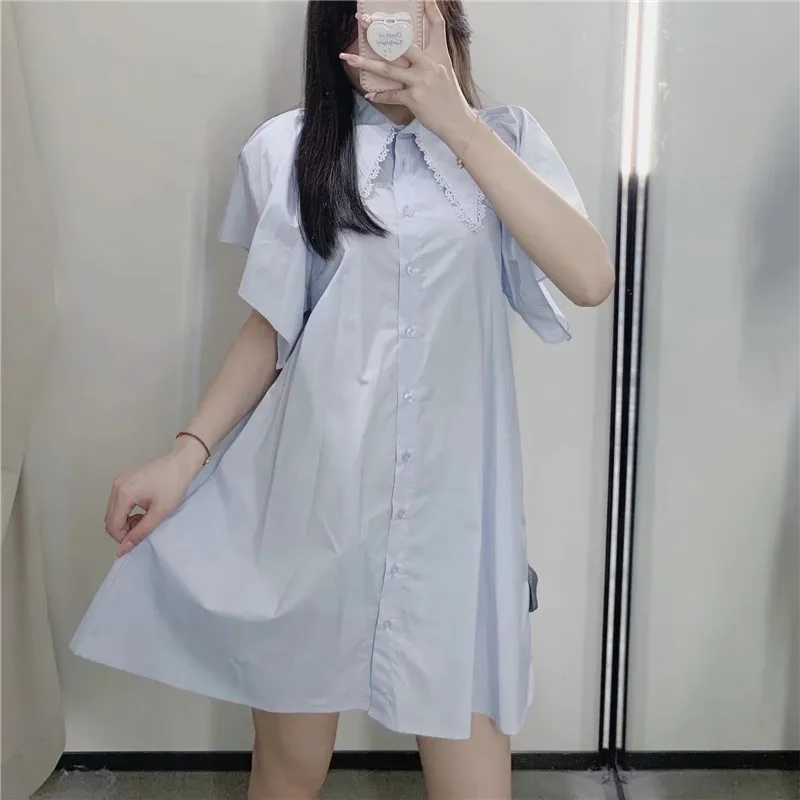 Dress Women Blue Short Woman es Ladies Embroidered Applique Ruffle Sleeve Casual Cute Mini Girl 210519