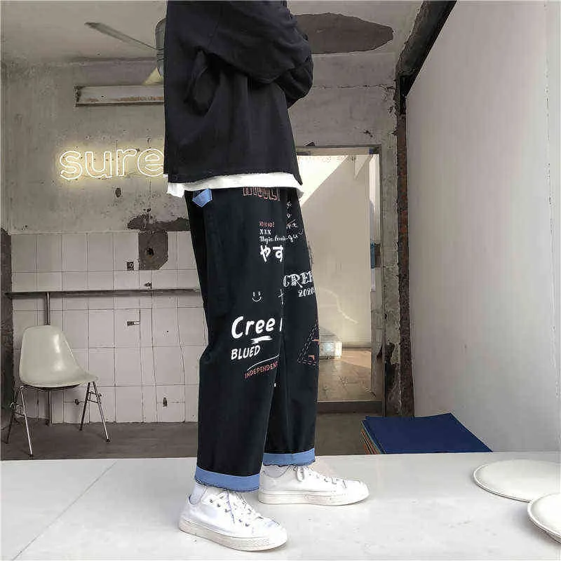 Straight Denim Jeans Men Graphic Printed Jeans Streetwear Jeans Man Wildleg Pants Hip Hop Korean Harajuku Fashion Pants 211201