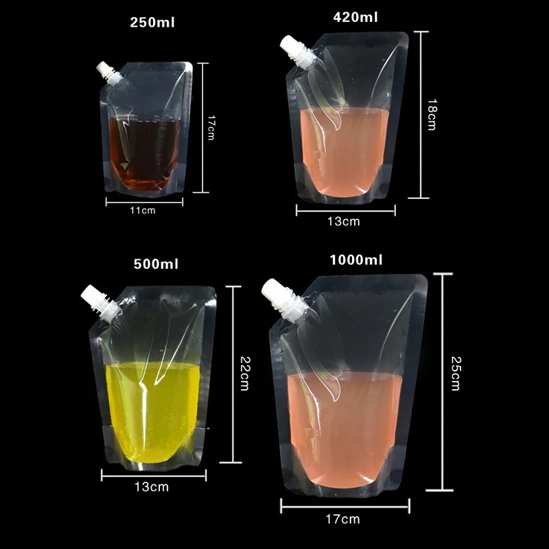 Sacs transparents à buse autonome de 250/420/500/1000ml, sacs portables et portables pour jus de boisson, bouche Oblique