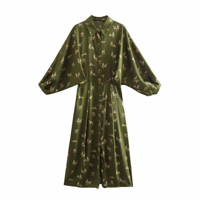 Za dier print shirt jurk vrouwen lange mouwen geplooid vintage midi feestjurken vrouwelijke chique front knop groen vestido 210602