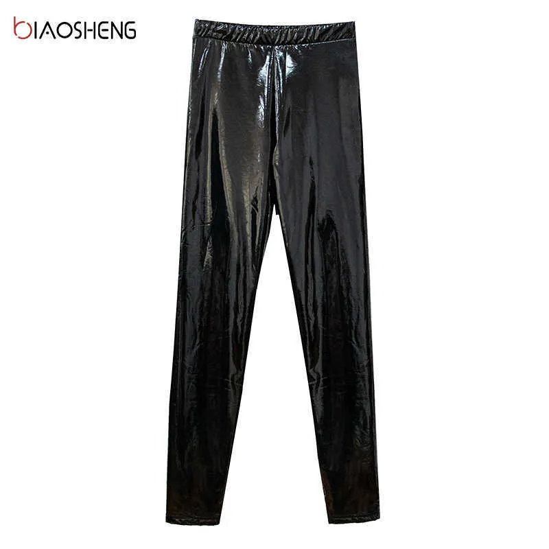 PU кожаные брюки женщин высокая талия узкие упругие сексуальные брюки мода уличная одежда SLIM PLUS размер нажимает карандаш кожаный кожаный q0801