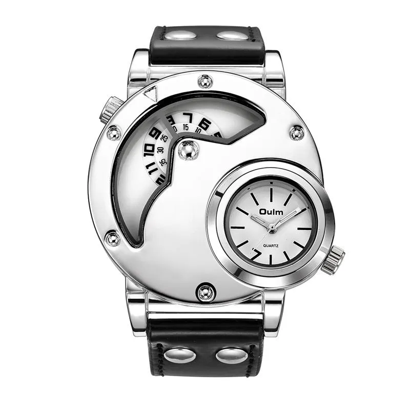 Oulm Mode Zilveren Kast Heren Horloges Dubbele Tijdzone PU Lederen Horloge Casual Sport Mannelijke Horloge Relogio Masculino Polsw3040