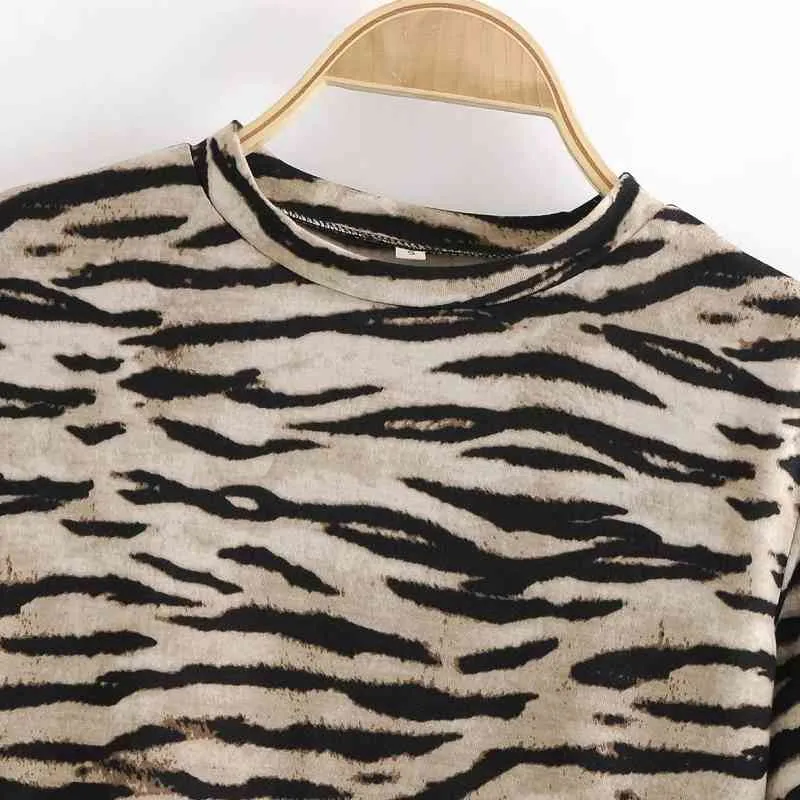 Vårkvinnor Leopard Print O Neck Sexig Kort T-shirt Casual Kvinna Långärmad Skörd Tops T1396 210430