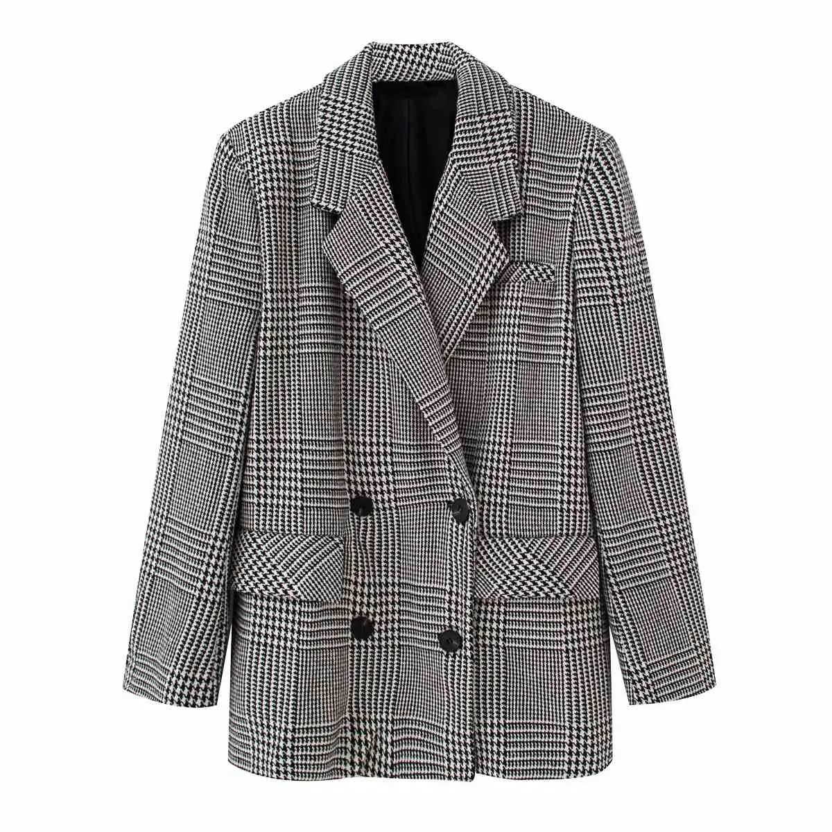 Vintage plaid long blazer veste manteau femmes automne hiver pied de poule double boutonnage veste manteau noir coupe-vent 210415