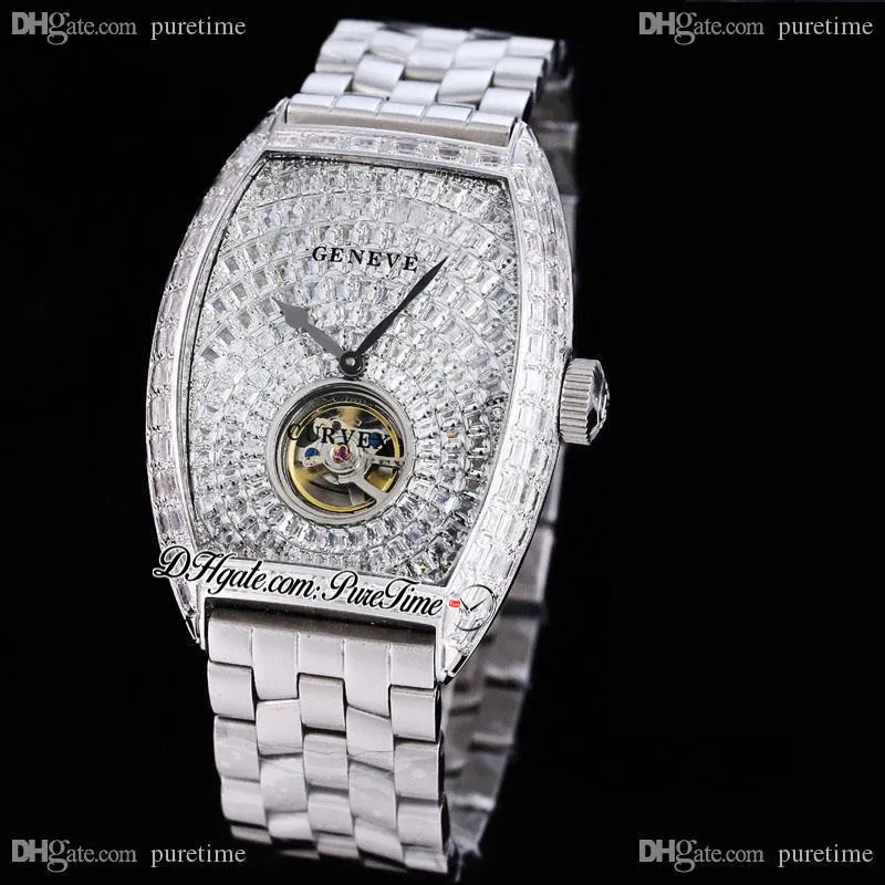 TWF V2 Cintree Curvex Automático Tourbillon Relógio Masculino Pavimentado Baguette Cut Diamonds Dial Pulseira de Aço Inoxidável Super Edition Cris338n