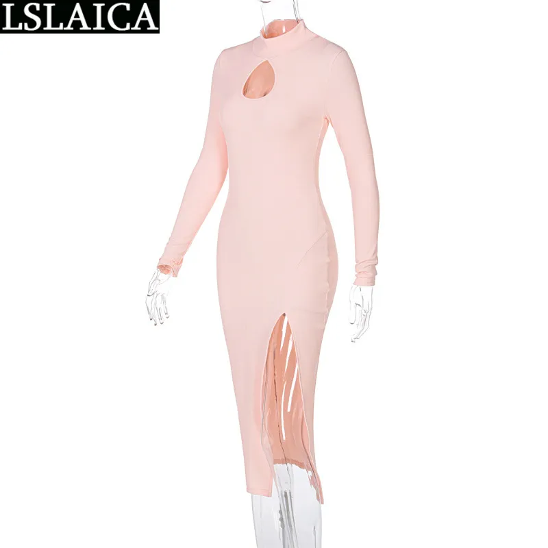 Pink Dress Explosive Hollow Out Round Neck Long Sleeve Split Dressws for Women Casual Fashion Sexy Night Club Kleider Damen 210515