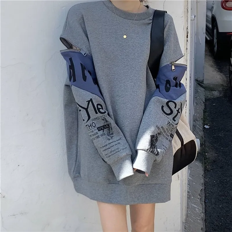 KIMUTOMO Vintage Sweatshirt Dames Lente Chic Hong Kong Stijl Meisjes Brief Afdrukken Rits Patchwork Lange Pullovers 210521