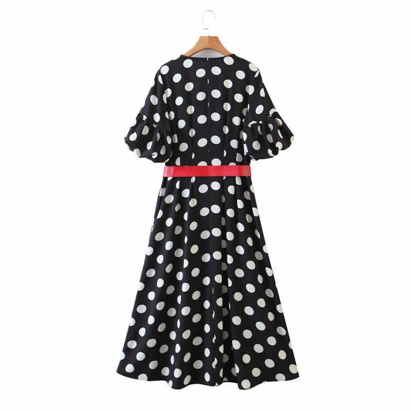 Za Polka Dot Ceinture Robe Midi Femmes Col En V À Manches Courtes Ballon Femme Élégant Bureau Robe D'été Bouton Avant Robes Décontractées 210602