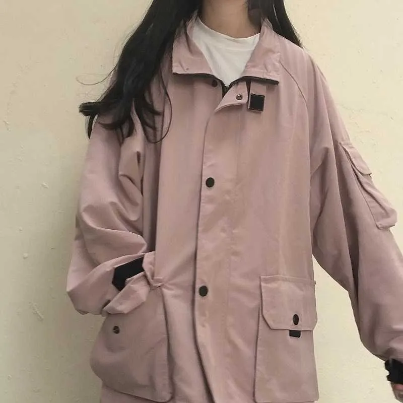 Giapponese Jk uniforme Outwear casual tinta unita di grandi dimensioni autunno Vintage donna giacca grunge zip up cappotto streetwear kpop 211014
