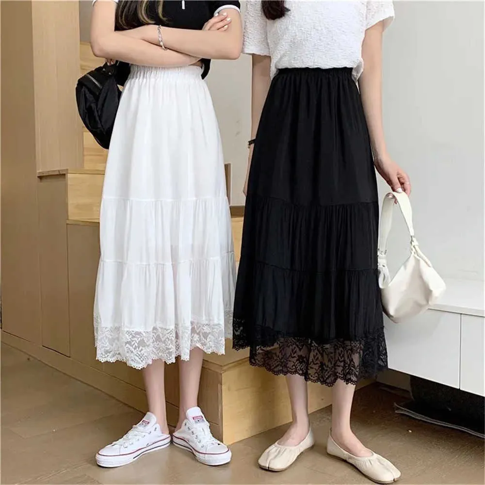 Kobiety szyfonowe koronkowe plisowane spódnice białe czarne eleganckie spódnicę A Koreańską modę Preppy styl vintage high talia Patchwork Solid 210619