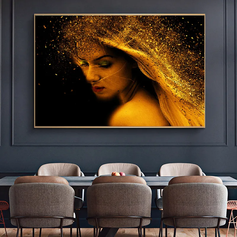 Peinture sur toile de femme dorée moderne de grande taille, tableau d'art mural, affiches et imprimés de Portrait abstraits pour décoration de salon et de maison