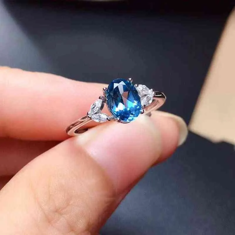 Natural Topaz Ring, S925 Sterling Silver London Blue Lady Gem Simple Style Ring 211217