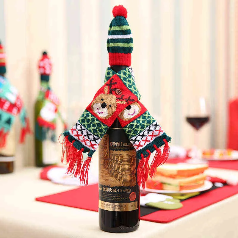 2 pièces/ensemble écharpe tricotée bouteille de vin rouge décoration nouveauté écharpe ours gland chapeau de père noël pour les décorations de noël à la maison