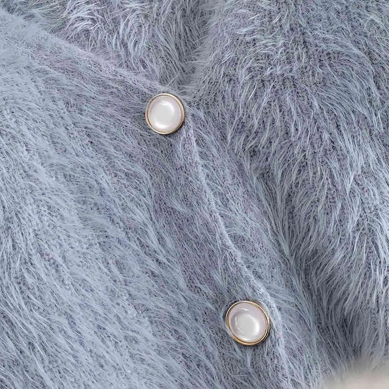 秋冬の毛皮の短いカーディガン女性スリム長袖ボタンアップ作物セーターレディースニットトップ210525