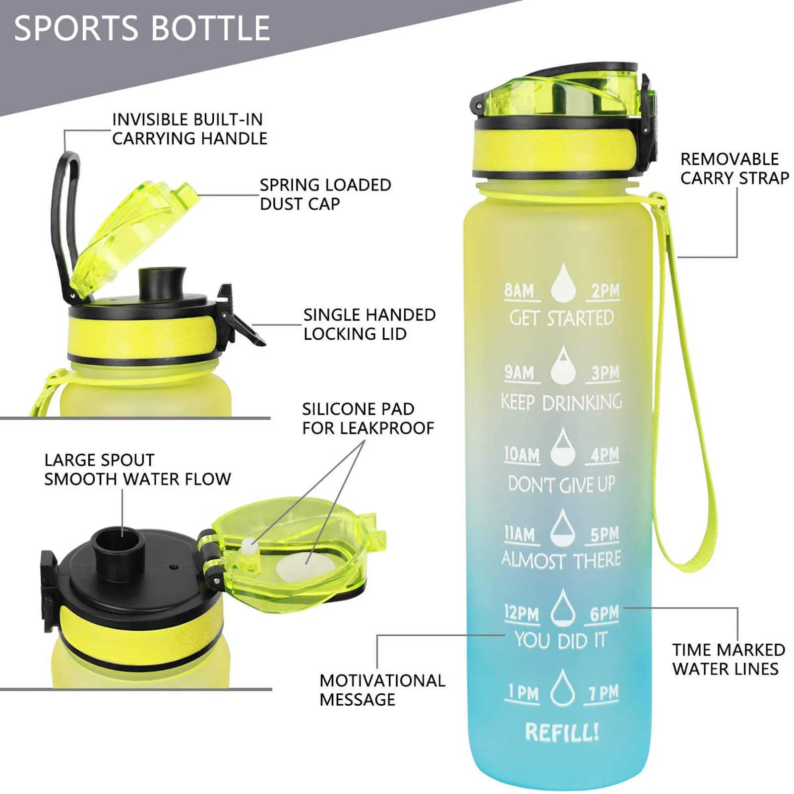 Borraccia portatile sport all'aria aperta a tenuta stagna da 1000 ml con bottiglia indicatore del tempo Bpa gratuito palestra Fitness Sport brocche acqua potabile Y0915