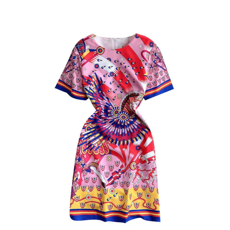 ファッションヨーロッパスタイルの夏のエレガントな女性Oネック半袖ビンテージプリントドレス女性パーティードレスvestido 210428