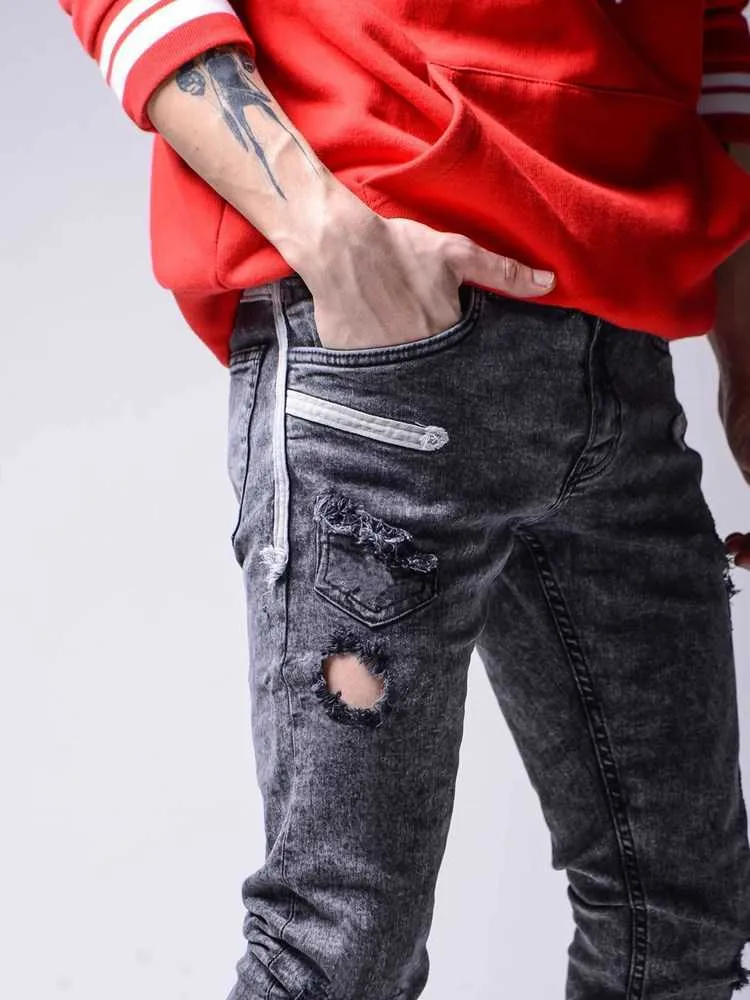 Autumn Men Stretchy Ripped Skinny Jeans Biker High Quality Jeans Slim Fit Denim Scratched High-Elastic Foot Zip Pencil Pants X0621