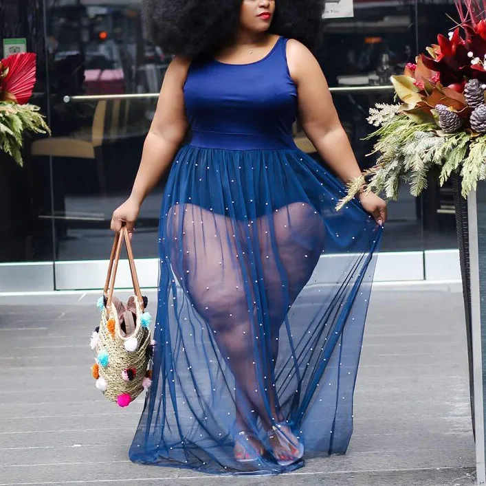 4XL 5XL Plus Size African Women Dress Blue High Waist Transparent Floor Length Sexy Night Club Wear See Through Long Dresses 210510