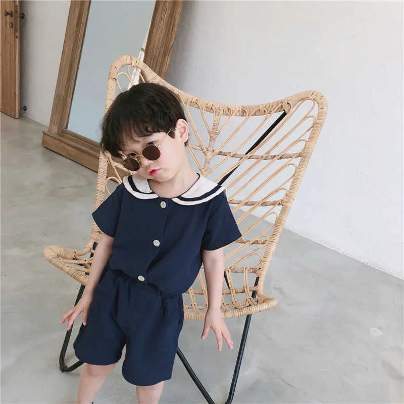 Zomer Koreaanse stijl Kids Sailor Collar Cotton Linnen Kleding Sets Leuke Jongens Meisjes Korte Mouw T-shirt + Shorts 2 stks Suits G003 210615