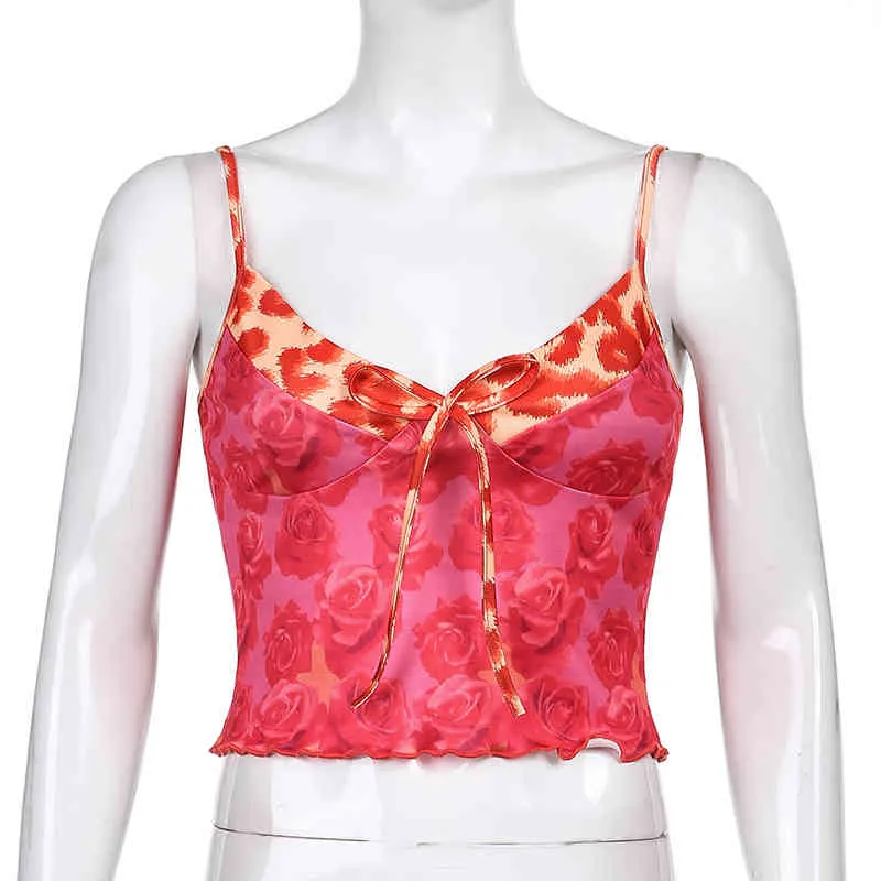 Rose Print Vintage Leopard Patched Y2K Summer Sexy Top With Thin Strap Backless Fashion V Neck Sleeveless Crop Cami Party 210510