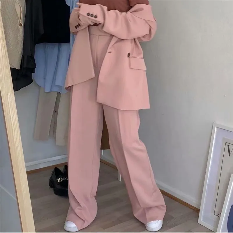 Kobieta spodnie różowe szerokie nogi kobiety wysoka talia mody biuro nosić spodnie spodnie 210430