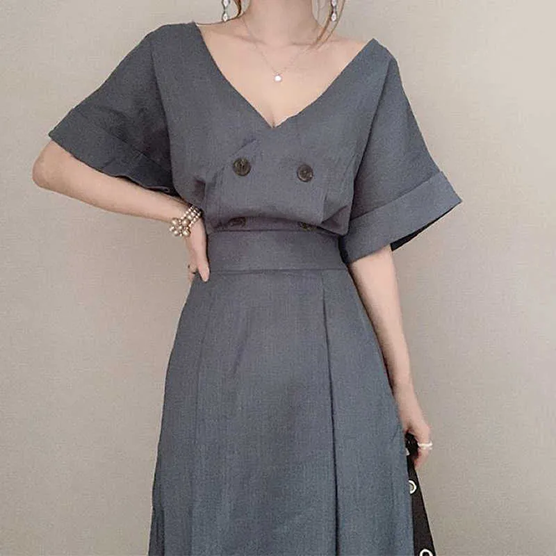 Korejpaa Kobiety Dress Summer Korean Moda Chic Elegancka Głęboka Neck Podwójna Klamra Talii Bubble Sleeve Casual Długie sukienki 210526