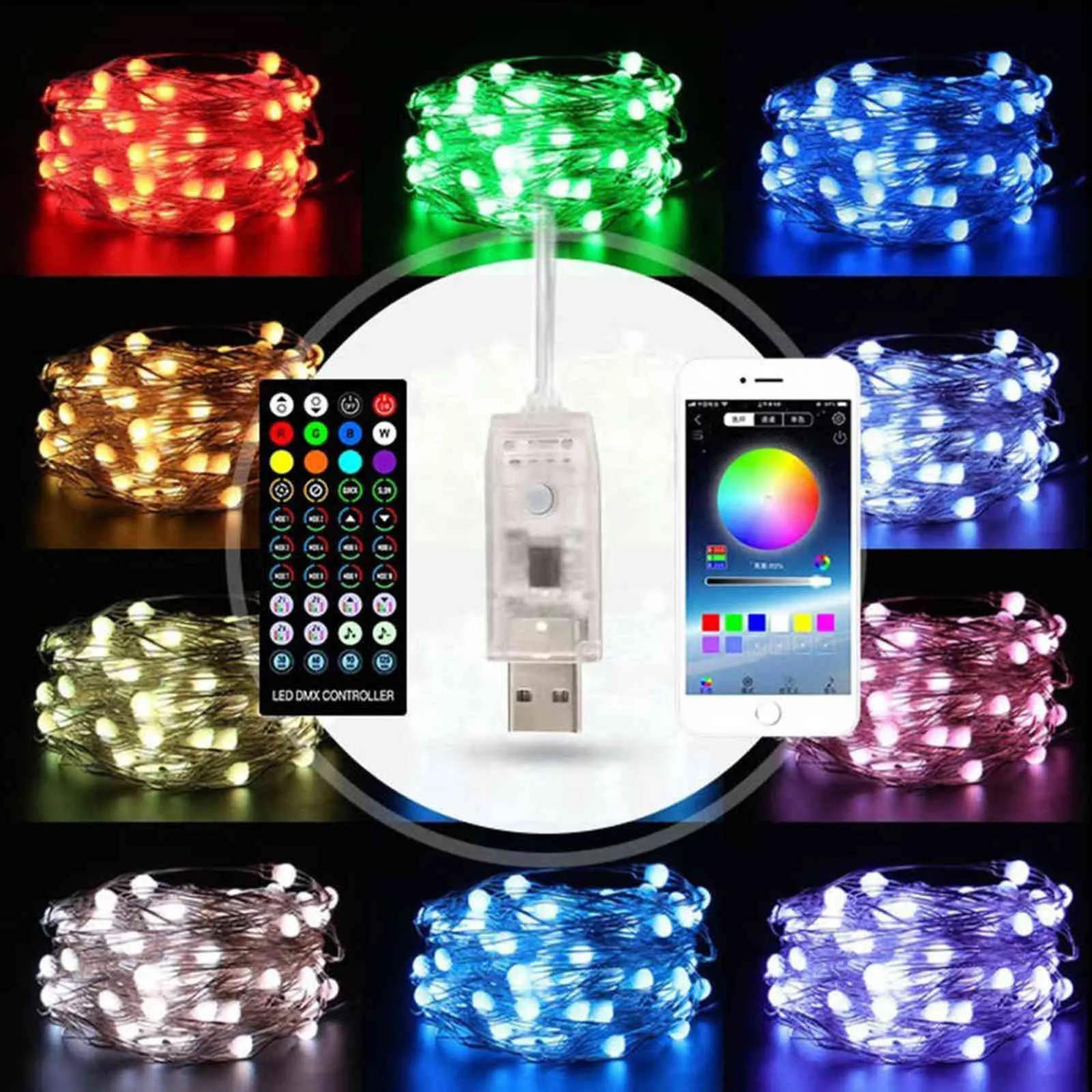 5/10/20M LED Bluetooth Cadena de luz Árbol de Navidad Decoración Control remoto USB Boda navidad Guirnalda Cortina Lámpara Fairy Home 211109