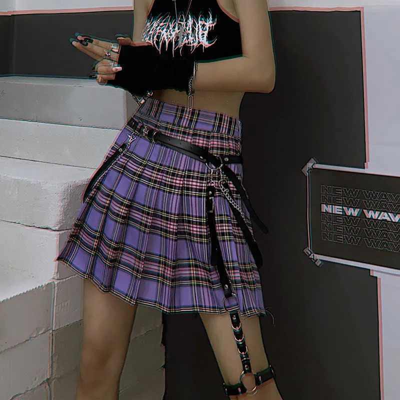 GOTH GIRL Harajuku Streetwear Falda Mujer Punk Fahsion Cintura alta Una línea Plisada Púrpura Plaid Femme No incluye cinturón 210619