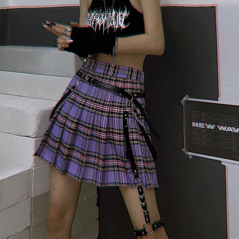 Goth Girl Harajuku Streetwear Jupe Femmes Punk Fahsion Taille haute A-ligne Plissée Violet Plaid Femme Ne pas inclure la ceinture 210619