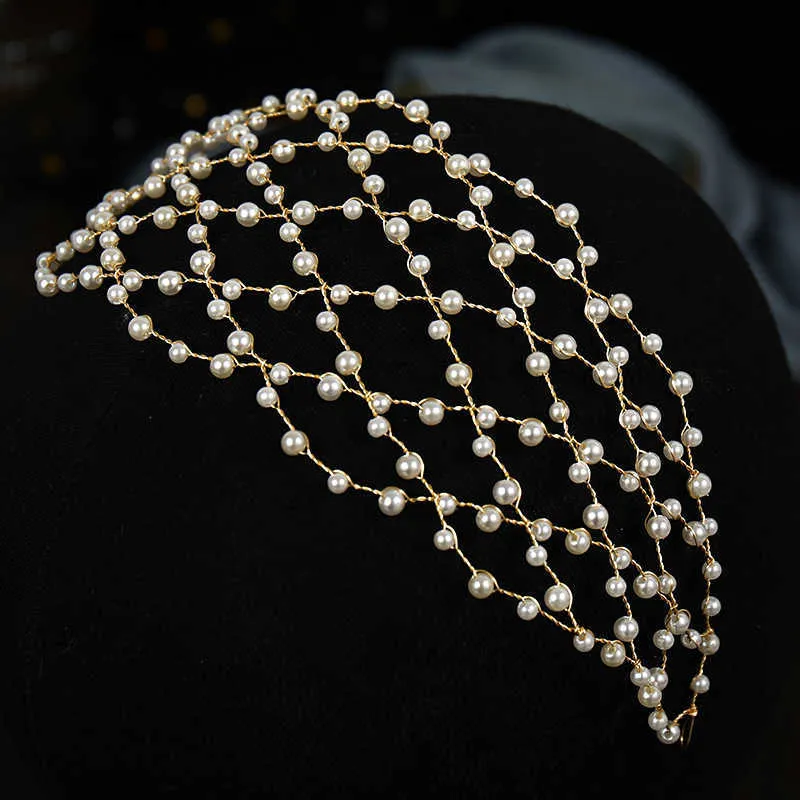 Vintage Baroque Gold Pearls Tiaras Headbands Handmade Bridal Wedding Hair Accessories bands Vines Women Jewelry 211019312F