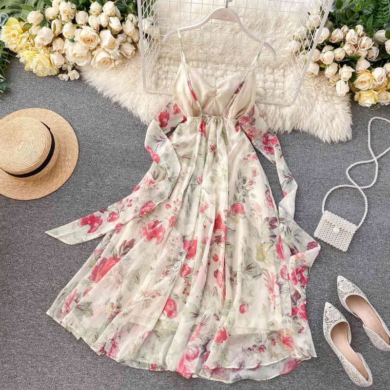 Women's Beach Dress Goddess Seaside Vacation Style Sexy Open-back Strapless Bow Super Fairy Print A-line Y753 210507