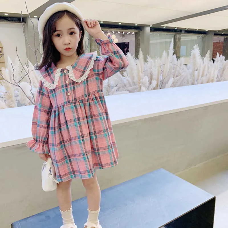 Wholesale Spring Girls Dresses Plaid Long Sleeve Lace Peter Pan Collar Cute Princess Kids Clothes E8002 210610