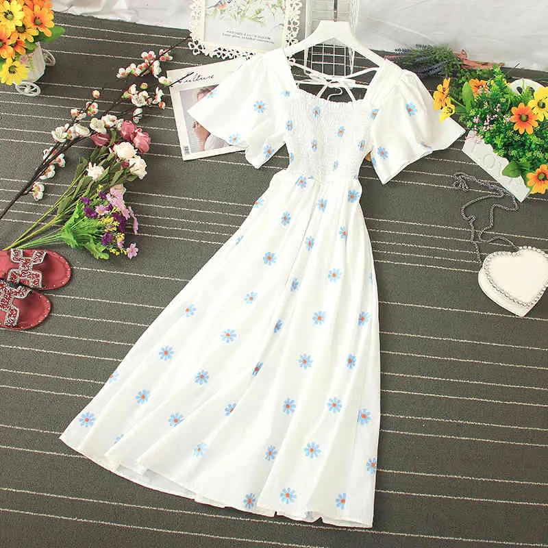 Verão fada temperamento fino vestido doce fruta cereja bordado vestidos feminino estilo coreano UK055 210506