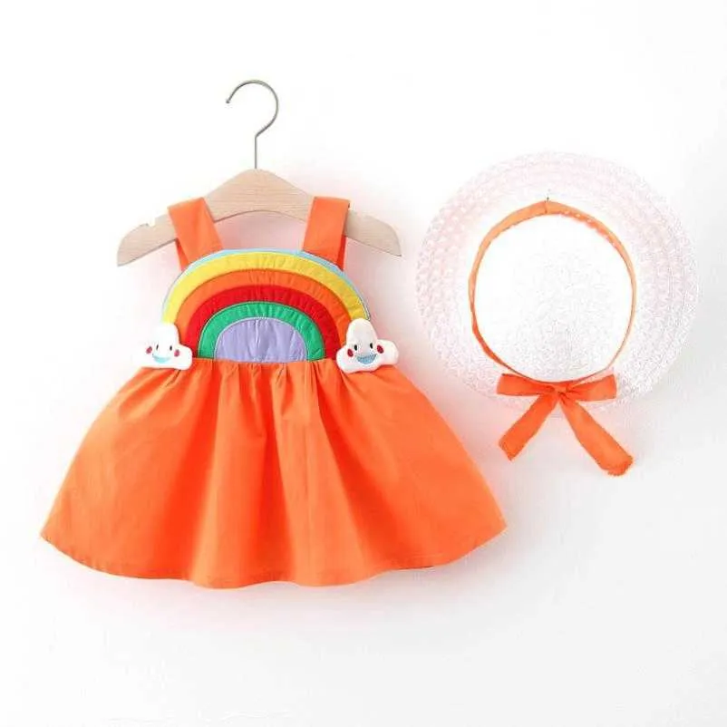 Robe de bébé fille été nouveaux vêtements pour enfants filles robe bébé fille arc-en-ciel camisole chapeau de paille robe de princesse 0-3Y Q0716