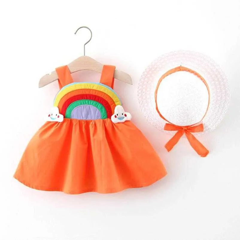 Vestido de niña, novedad de verano, ropa para niños, vestido para niñas, camisola arcoíris, sombrero de paja, vestido de princesa 0-3Y Q0716