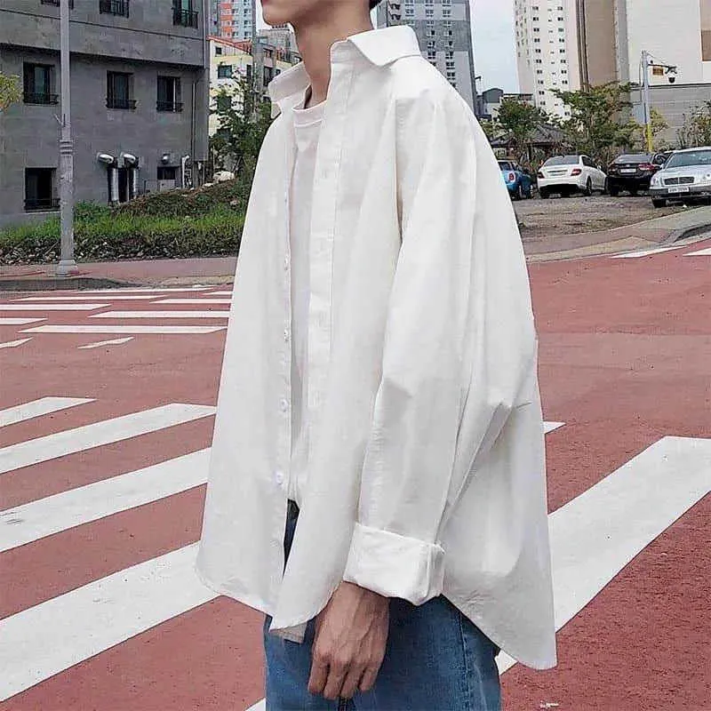 Lente Herfst Hong Kong Casual Lange Mouwen Heren Koreaanse Losse Witte Trendjack Streetwear Oversized Button Up 210626