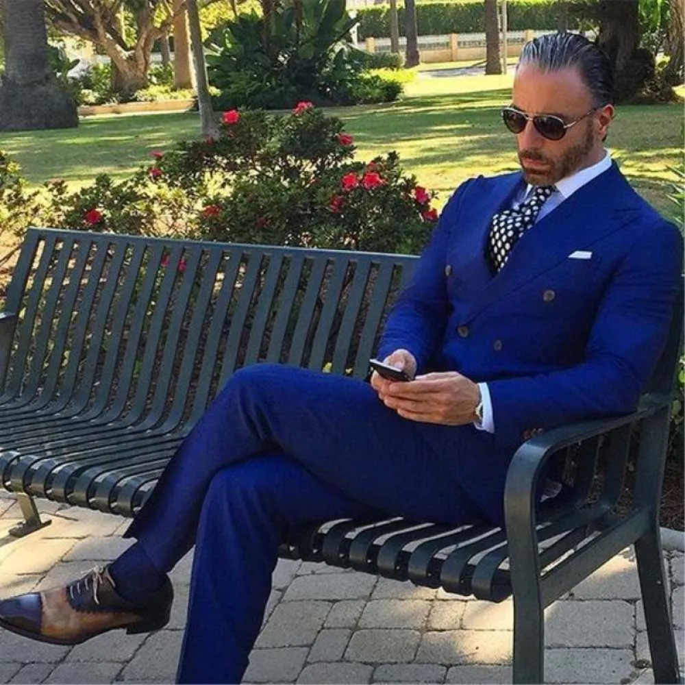 2021 Skräddarsydd Royal Blue Suit Men Groom Tuxedo Slim Fit Double Breasted Blazer Prom Wedding Suits Terno Jacket + Pant X0909