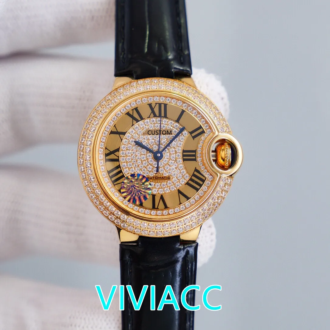 Novas Mulheres Cristal Com Full Diamond Relógios Preto Couro Romano Número Relógio Safira Aço Inoxidável Relógio Mecânico Automático 33mm