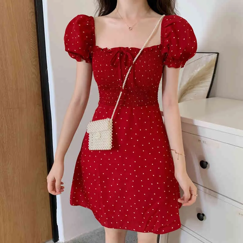 Dot Red Vestidos Koreanischen Stil Mode Sommer Frauen Kleid Puff Sleeve A-line Roben Mini Kleider 17112 210415