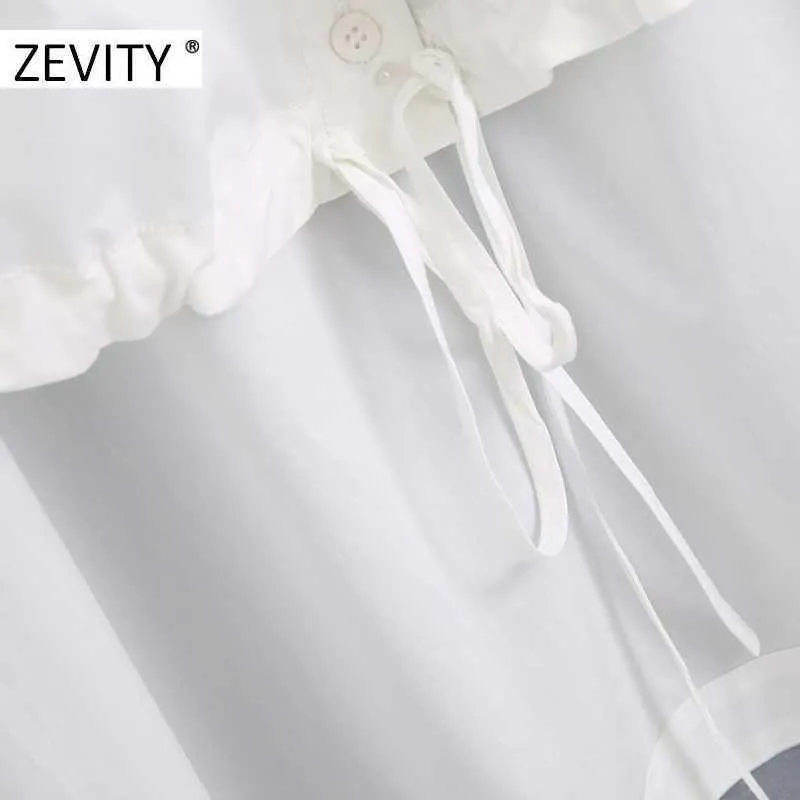 Zevity Femmes Mode Blanc Couleur Casual Lâche Blouse à capuche Chemise Femme Poche Patch Cordon Chic Femininas Tops LS7098 210603