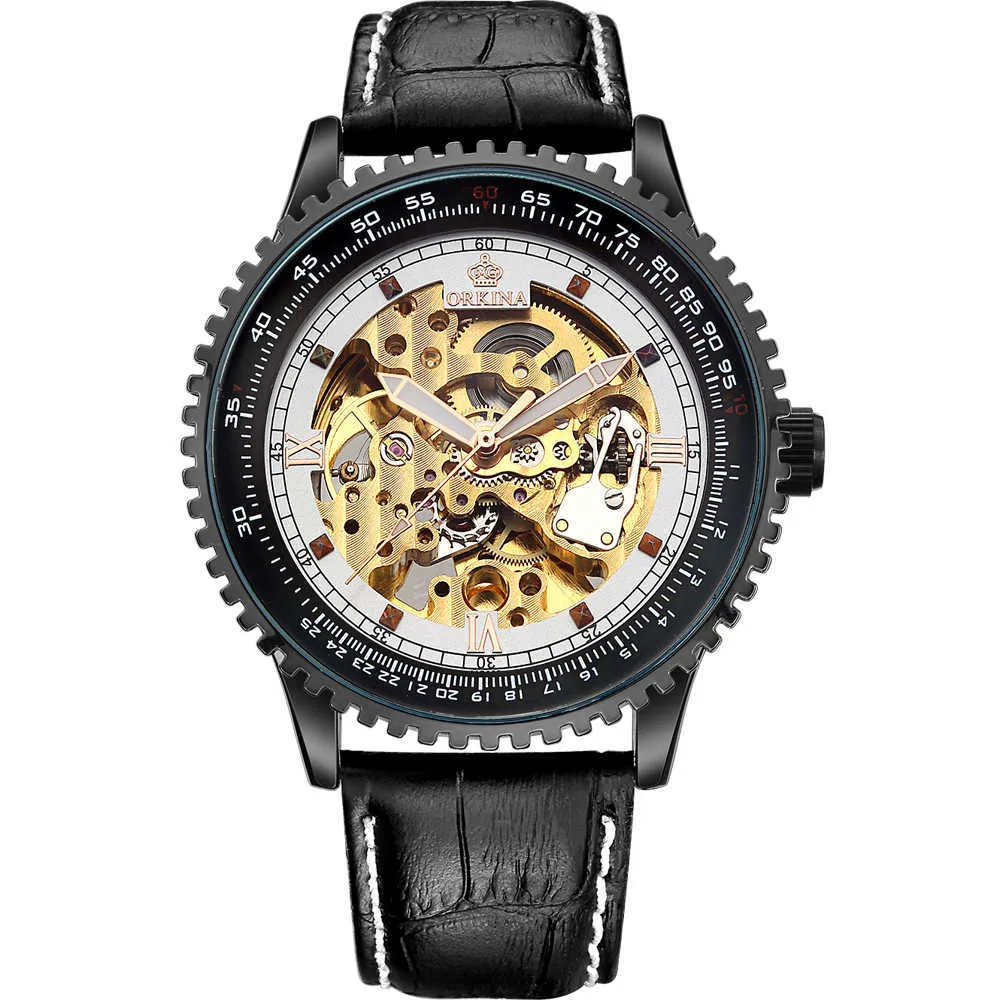 ORKINA Grote Wijzerplaat Skeleton Automatische Mechanische Horloges Mannen Zwart Lederen Band Mannelijke Horloges Man Klok Relogio Masculino 2107255b