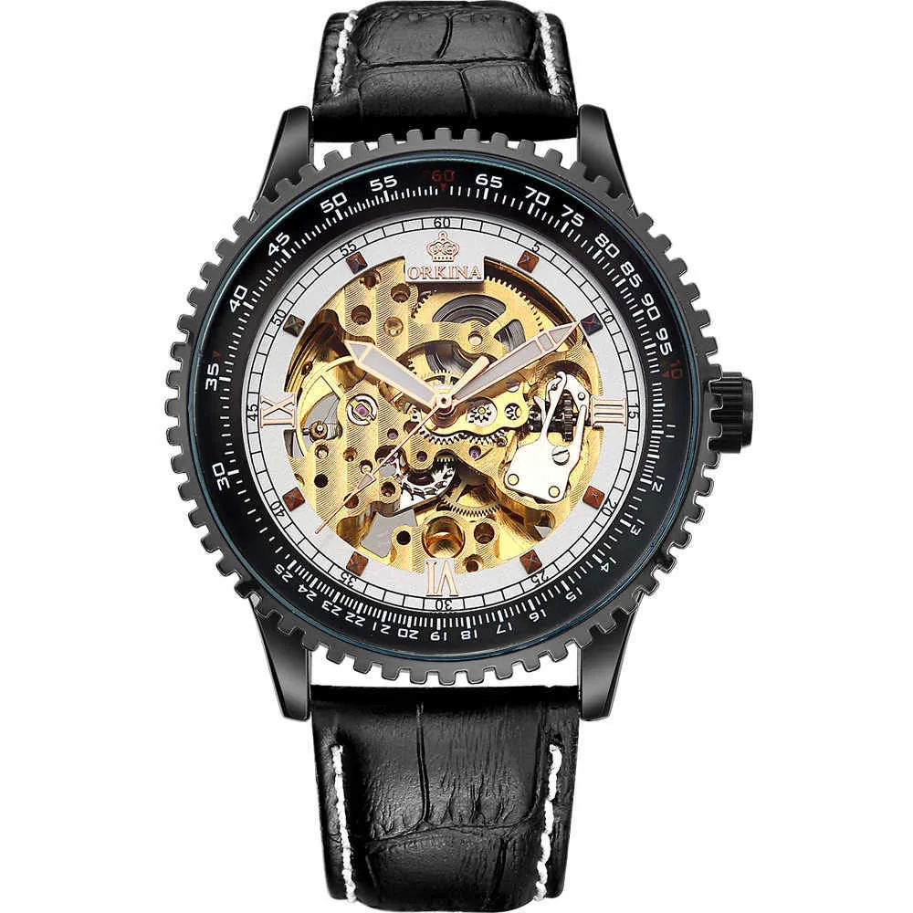 ORKINA Relojes mecánicos automáticos con esqueleto de esfera grande para hombre, correa de cuero negro, relojes de pulsera para hombre, reloj Masculino 2107237n