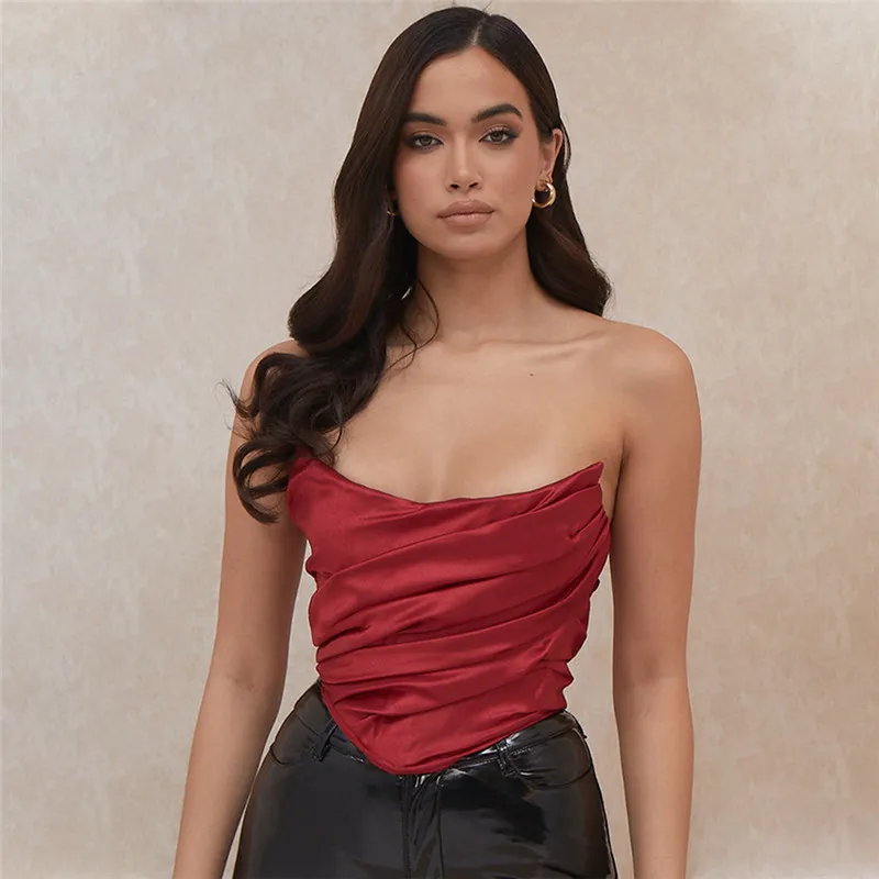 Isarose Gevouwen Corset Tops Polyester Boning Red Satijn Zomer Mouwloze Back Rits Cropped Top Ruched Bustier Draag Buiten 210422